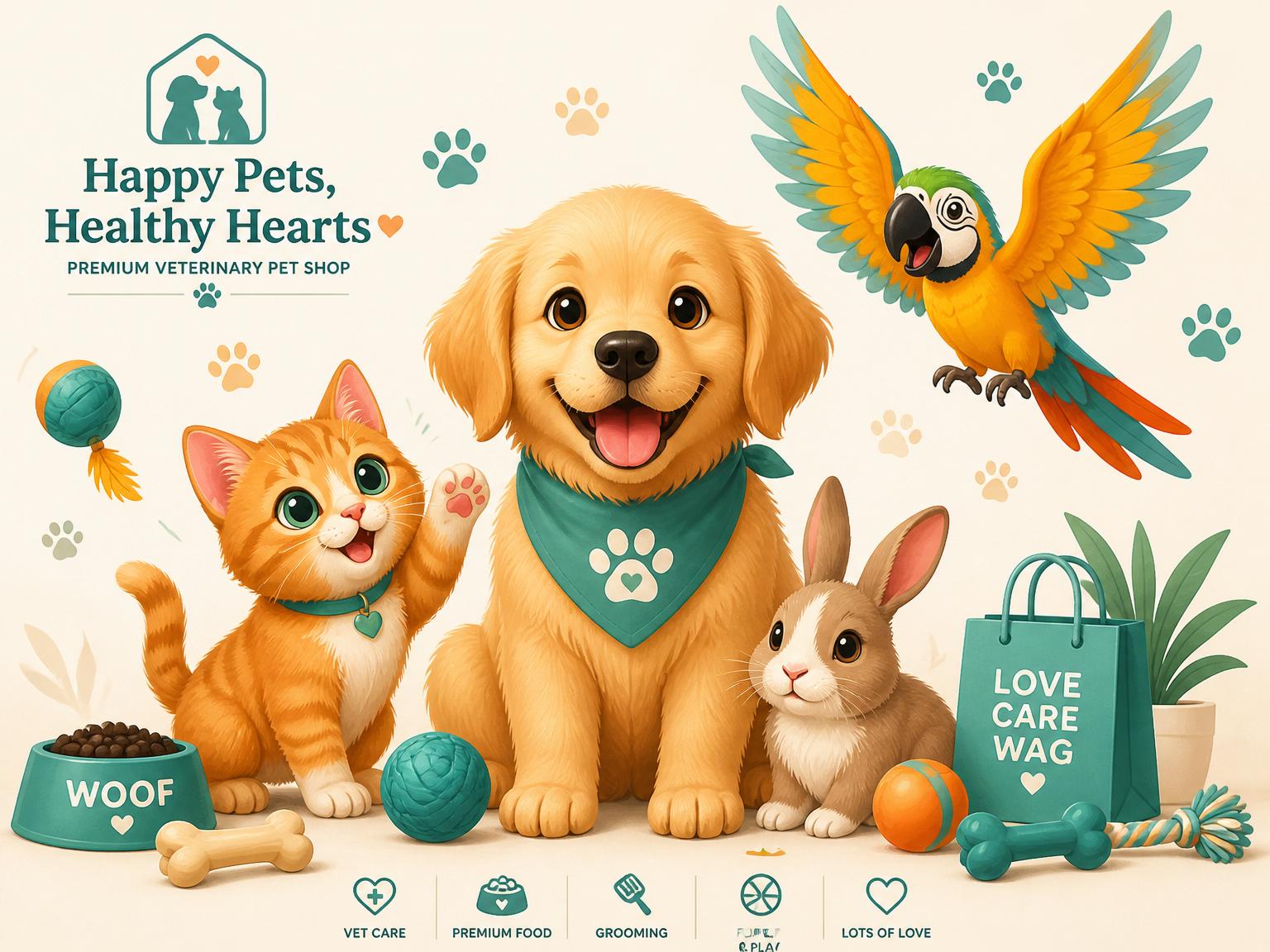 Happy dog, cat, rabbit and parrot together