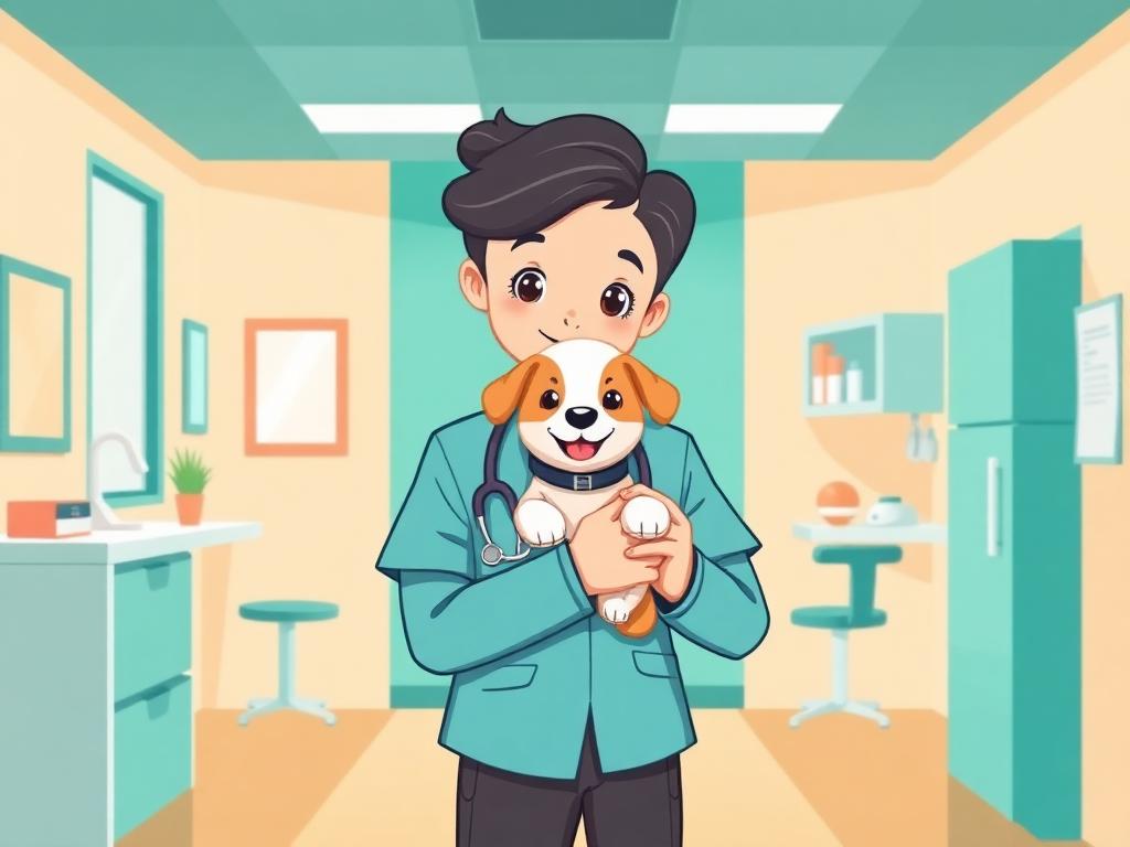 Veterinarian holding a happy puppy